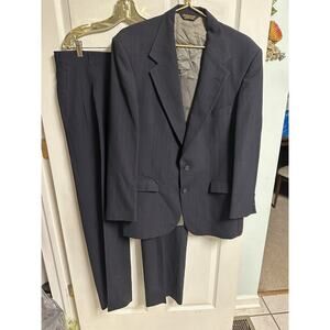 Allyn St George 2Pc Suit 90s Blue Striped Jacket 44r Pleated Pants 36x32 Wool